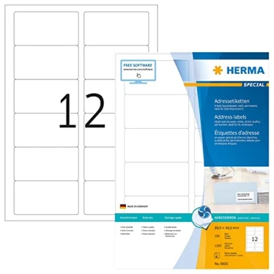 Bild av HERMA 8805 adressetiketter för bläckstråleskrivare A4 (88,9 x 46,6 mm, 100 ark, papper, matt) självhäftande, utskrivbara, permanenta universella etiketter, 1 200 klistermärken, vit