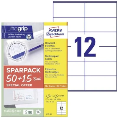 Bild av AVERY Zweckform 6175 65 adressklistermärken (600 plus 180 självhäftande etiketter extra, 105 x 48 mm på A4, matt papper, tryckbara sändaretiketter, adressetiketter med ultragrepp)