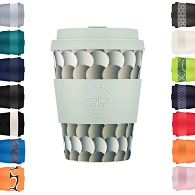 Bild av Ecoffee Cup 350 ml återanvändbar miljövänlig 100 % växtbaserad kaffekopp med silikonlock och ärm melaminfri biologiskt nedbrytbar diskmaskin/mikrovågsugn säker resemugg, drömplar