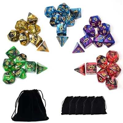 Bild av SmartDealsPro Dubbelfärger polyedriska tärningar set med påsar för D&amp;D DND RPG MTG fängelsehåla och drakar bordsskiva rulle spelspel D4 D6 D8 D10 D% D12 D20 (set 5 färger)