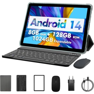 Bild av PRITOM Android 13,3 i 1, 8 GB (4+4), 128 GB, 1 TB expanderbar, 000 mAh, wifi surfplatta, Qcta Core processor, 6, bluetooth, spelsurfplatta, PC med väska, tangentbord, mus, blå