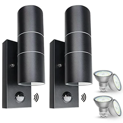 Bild av 2 LED ytterlampor med rörelsesdetektor IP44 vattentät upp och ner lampor sensor inomhus utomhus utomhusbelysning lampa vägglampa inkl. 5 W GU10 varm vit 230 V
