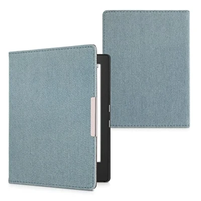 Bild av kwmobile fodral kompatibelt med Kobo Aura H2O Edition 1 för e läsare denim look tyg flipfodral ljusblå