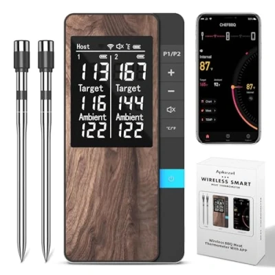 Bild av Kötttermometer, Apkezel BBQ termometer med APP, IP67 vattentät köttermometer dubbla sonder, trådlös kötttermometer för grill, ugn, kök, rostare