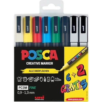 Bild av Faber Castell uni ball 186825 POSCA markeringsset, 8 pack akrylpennor PC 3M, 0,9 1,3 mm, 6 standardfärger 2 växlande specialfärger