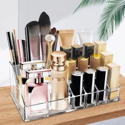 Bild av Ubitree Sminkorganisatör, läppstiftsställ i akryl med 16 sektioner för läppstift, sminkborste, eyeliner, nagelgelparfym, sparar utrymme kosmetisk förvaringsbricka badrum, omklädningsrum, sovrum