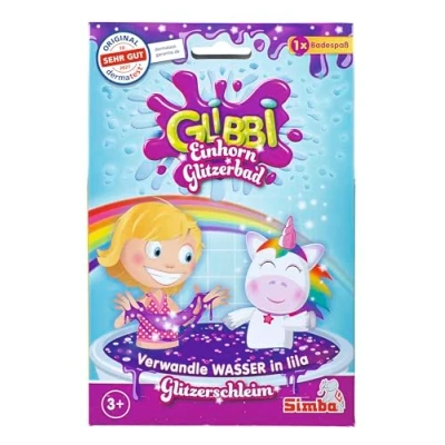 Bild av Simba 105953271 Glibbi enhörning glitterbad, badleksak, enhörning, slim, badtillsats, pulver förvandlar vatten till lila glitterslem, från 3 år, 3,8 x 11,8 cm
