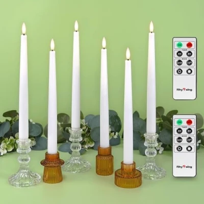 Bild av Rhytsing 6 flimrande flamlösa långa ljus led vit med timer, hushållsljus för ljusstakar rustik design varmvitt ljus, höjd 29 cm, 2 fjärrkontroller ingår