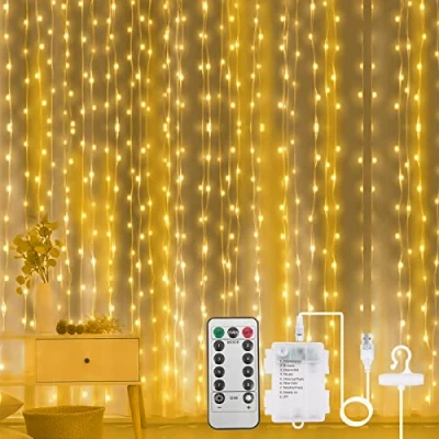 Bild av Aomig ljusridå 3x3m, gardin fairy lights 2 i 1 USB &amp; batteri, LED med 10 krokar fjärrkontroll, 8 lägen, IP65 vattentät, juldekoration inomhus, bröllop, festdekoration varm vit