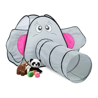 Bild av Relaxdays Pop Up lektält elefant, med lektunnel, barntält inomhus och utomhus, kryptält, HBT: 92 x 155 200 cm, grå