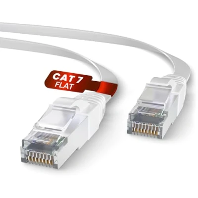 Bild av Mr. Tronic Cat 7 Ethernet kabel 10 m platt, ren koppar LAN nätverkskabel med RJ45 kontakter för snabb internetanslutning Gbps 100 % Cat7 Patch AWG24, SFTP (10 meter, vit)