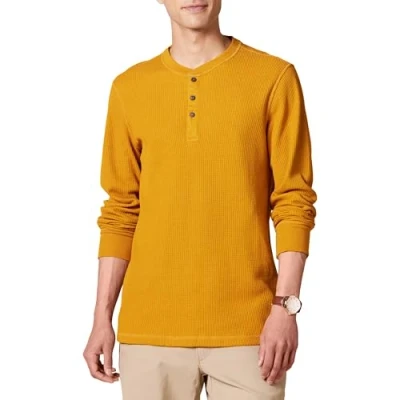 Bild av Amazon Essentials herr normal passform långärmad våffla Henley skjorta, guld, X Large