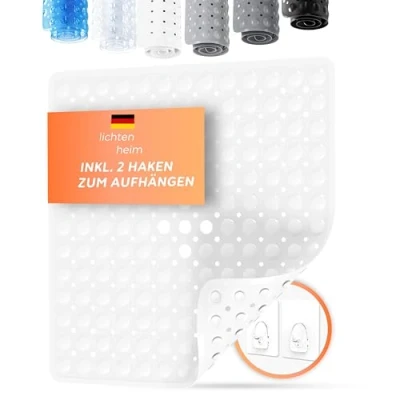 Bild av LICHTENHEIM Duschmatta, halkfri, känslig 53 x cm inkl. 2 krokar badkarsmatta halkfri matta, badkar, BPA fri badmatta, mögelresistent och tvättbar (vit)