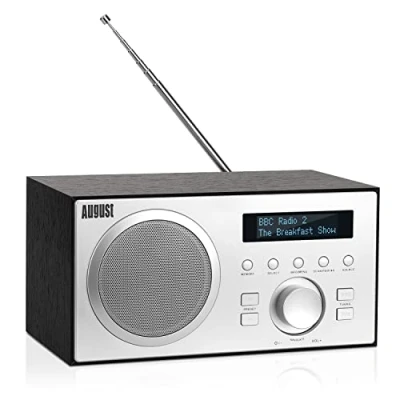 Bild av DAB+ Radio med Bluetooth högtalare August MB420 DAB FM Digital Tuner Dual Alarm Clock Aux USB Linje out Strömförsörjning via nätet LCD display Förinställningar Subwoofer Svart
