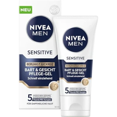 Bild av NIVEA MEN Sensitive skägg &amp; ansiktsvård gel, snabbabsorberande skäggvård för känslig mäns hud, lugnande att lindra hudirritation (50 ml)