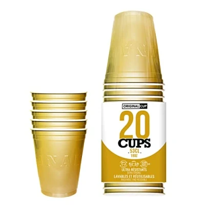 Bild av Förpackning med x20 officiella originalguldkoppar 53cl Golden American Cups Ölpong Premiumkvalitet Återanvändbara plastkoppar Hand och maskintvätt OriginalCup®