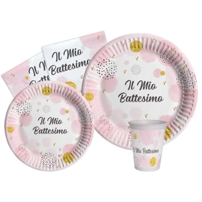 Bild av Party Tableware Set Battesimo for 24 people (112 pcs: plates Ø23cm, Ø18cm, cups 200ml, 40 napkins 33x33cm) in eco friendly compostable paper, pink