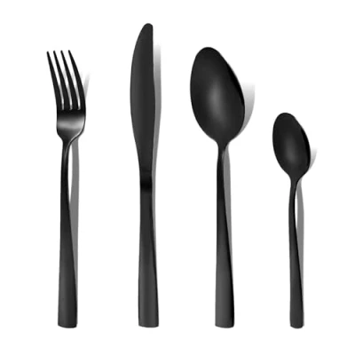 Bild av Svart Bestickset i Rostfritt Stål 32 Delar med Gafflar, Skedar, Knivar och Kaffeskedar Komplett Set för 8 Personer, Modern Design Diskmaskinssäker