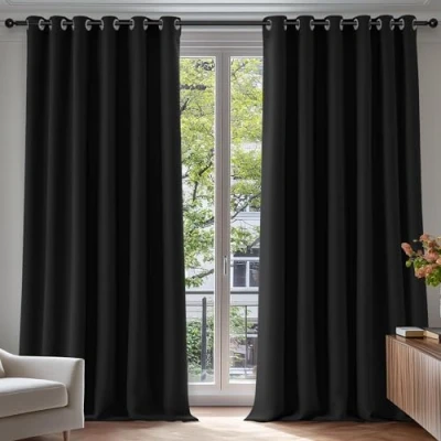 Bild av Deconovo Gardin, ogenomskinlig mörkläggningsgardin, gardin för vardagsrum, termisk med köldskydd och öljetter, 274 x 229 cm (längd bredd), svart, set om 2