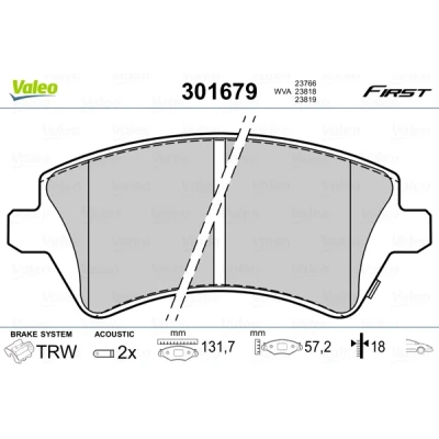Bild av VALEO 301679 Jeu de plaquettes frein FIRST Essieu avant contact signal d&#039;usure inclus sans tôle anti bruit TOYOTA: Corolla IX 3/5 portes