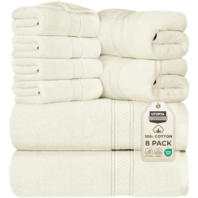 Bild av Utopia Towels 8 delat handduksset 2 badhanddukar, handdukar och 4 tvättlappar bomull hotellkvalitet supermjuk mycket absorberande (elfenben)