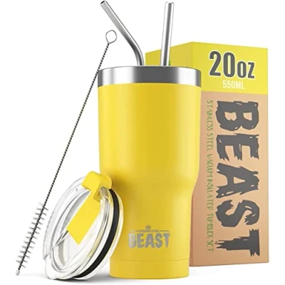 Bild av BEAST Isolerad kaffemugg 550 ml I citron rostfritt stål återanvändbar, isolerade koppar 2 sugrör och borste rengöring termos resekaffe dubbelvägg varmt eller frostat kaffe