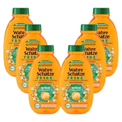 Bild av Garnier schampo för barn, milt 2 i 1 vårdschampo känsligt hår och lätt att kamma, med aprikos bomullsblomma, sanna skatter 6 x 250 ml