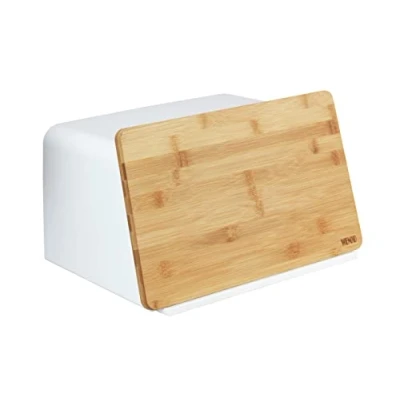 Bild av WENKO Kubo brödlåda med bambubräda, vit, ventilationshål säkerställer optimal luftcirkulation, polystyren, 35 x 20,5 26,5 cm