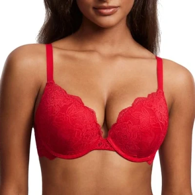 Bild av DOBREVA Push up bh med spets för kvinnor Sexy Plunge Vadderad bygelhållare Stödbehå Lift Lipstick Red 90C