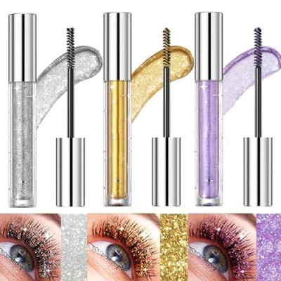 Bild av 3 Färger Glitter Färgglad Ögonfransmascara, Glittrande Diamant Vattentät Mascara, Förlängning Voluminös Lockig Halloween Julfest Ögon Smink