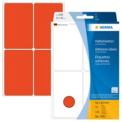Bild av HERMA 2492 multifunktionsetiketter stora (52 x 82 mm, 32 ark, papper, matt) självhäftande, permanenta hushållsetiketter för handskriven märkning, 128 klistermärken, röd