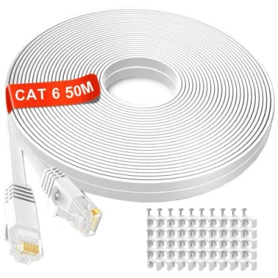 Bild av Nätverkskabel 50m, Utomhus Platt Ethernet Kabel 50m Höghastighets LAN Kabel, Cat6 Extra Lång RJ45 Internet Snabbare än Cat5e, Billigare Cat7 Och Cat8(Vita, 50 Gratis Kabelklämmor)
