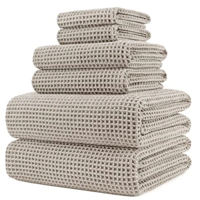 Bild av POLYTE Mikrofiber överdimensionerad, 76 x 152 cm, snabbtorkande luddfritt badhandduksset, 6 delar (beige, våffelväv)