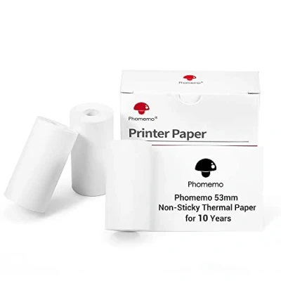 Bild av Phomemo 53 mm icke klibbigt vitt termiskt papper för T02/M02/M02S/M02Pro/M02X/Q02/M03/M03AS/M04S/M04AS/M832/M833/M834 skrivare, x 6,5 m, 10 års bevaring, journal, texter, studieanteckningar,