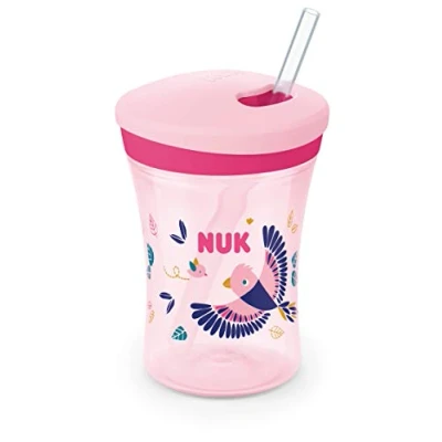 Bild av NUK Action Cup drickkopp barn kameleont effekt 12 månader vridlock med mjukt sugrör läckagesäker BPA fri 230 ml fågel (rosa), plast