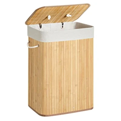Bild av SONGMICS tvättkorg med lock 72 L, i bambu, vikbar, avtagbar väska, handtag, för tvättstuga, sovrum, träfärg LCB10Y