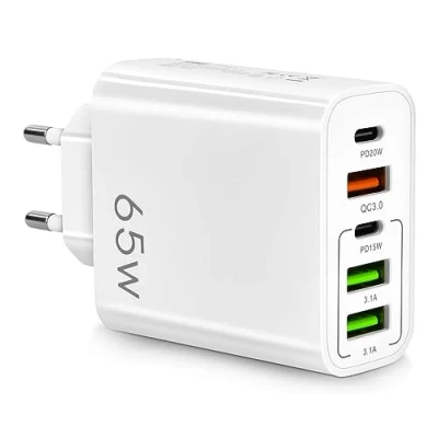 Bild av flera laddare 65 W 5 USB portar C, QC3.0, C PD20W adapter, laddare, snabbare och säkrare laddning. Kompatibel med alla mobiltelefoner