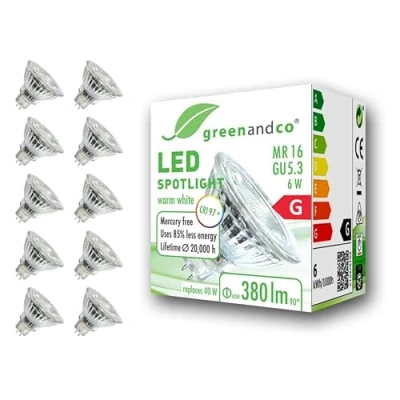 Bild av 10x greenandco CRI 97+ 2700K 36 LED spot ersätter 40W GU5.3 MR16 halogenstrålkastare, 6W 380lm varmvit 12V AC/DC, flimmerfri, inte dimbar