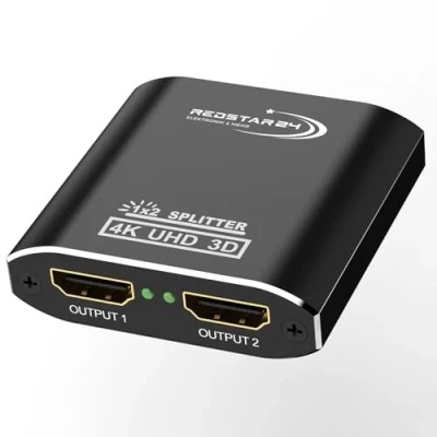 Bild av RedStar24 HDMI Splitter 4K@60Hz, 1 In 2 Out fördelare i aluminium, Distributör, stöder HDCP, 4K, 3D, UHD, 1080P Kompatibel med Xbox, PS4, Roku, Blu Ray spelare, Firestick, HDTV och Apple TV