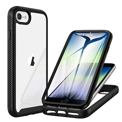 Bild av CENHUFO fodral för iPhone SE 2022/SE 2020, 8 fodral, 7/6S/6, stötskyddat med skärmskydd, 360 helkroppsskydd, robust dubbelsidig stötfångare integrerad väska svart