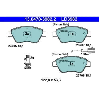 Bild av ATE Ceramic 13.0470 3982.2 Jeu de plaquettes frein contact signal d&#039;usure inclus avec vis d&#039;étrier FIAT: BRAVO 2, Stilo 3/5 portes