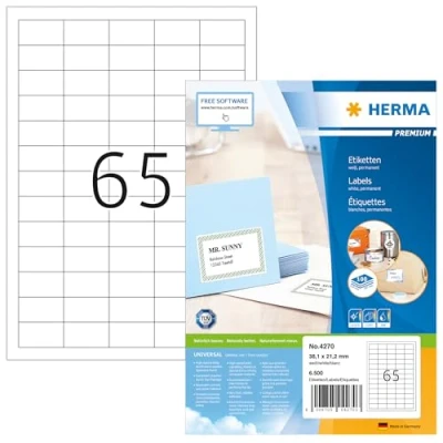 Bild av HERMA 4270 universella etiketter A4 små (38,1 x 21,2 mm, 100 ark, papper, matt) självhäftande, utskrivbara, permanenta adressetiketter, 6 500 klistermärken, vit
