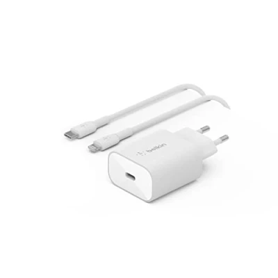 Bild av Belkin 25 W Power Delivery USB C PPS väggladdare med inkluderad till Lightning MFi kabel, strömadapter för Typ PD iPhone 14/14 Plus, 13, 12, Pro, Pro Max, Mini och fler