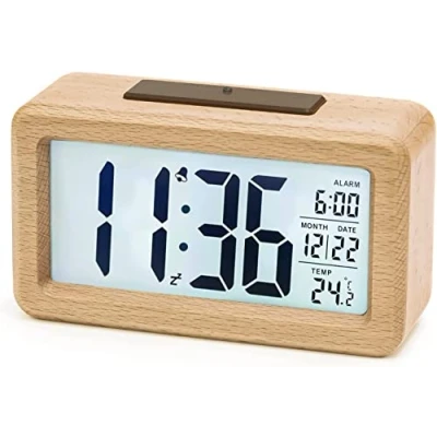 Bild av aboveClock Digital Väckarklocka, Träbordsklocka med Stort LCD bakgrundsbelyst Display, Temperatur, SNOOZE funktion, Ljussensor, 3 AAA Batteridriven 【Batterier INGÅR EJ】