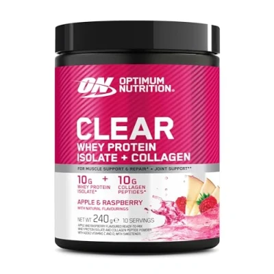 Bild av Optimum Nutrition Clear Whey + Collagen, Smak av Äpple &amp; Hallon, 10 g Vassleisolat och Kollagenpeptider per Portion, Klar Proteindryck för Leder*, 240 g, Portioner