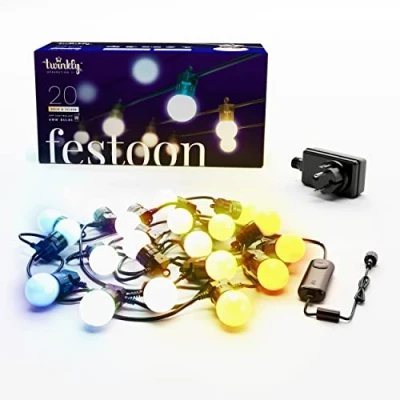 Bild av Twinkly Festoon 20 LED vit, ljusslinga med lampor, utomhus och inomhusbelysning från varm vit till kall kompatibel Alexa, Google Home, IP44, appkontroll, svart kabel, 10 m