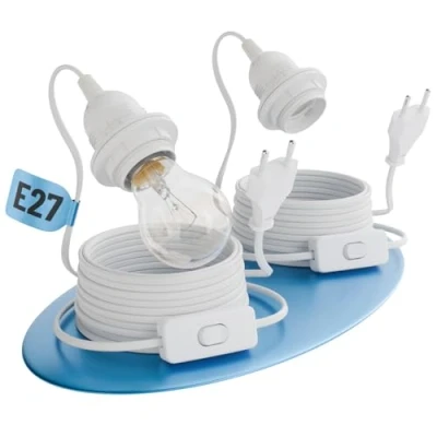 Bild av greate 2 x lamputtag E27 med kabel och strömbrytare vit 5 meter sockel kontakt max. 60 W 250 V lampsockel strömbrytare, lamphållare kontakt, lampa