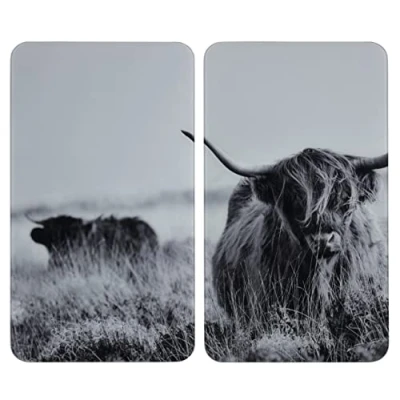 Bild av WENKO spisskyddsplatta Universal Highland Cattle set av 2 st, köksbordsskiva och glasskärbräda för alla typer spisar, härdat glas, 30 x 26 52 cm, flera färger