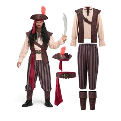 Bild av Spooktacular Creations herr karibisk piratdräkt vuxen hav kapten rånare kostym för halloween utklädningsfest, cosplay fest, Brun