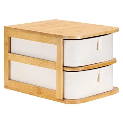 Bild av Navaris Sminkförvaringslådor bambu organiserare och krämfärgade tygbrickor 2 nivåsenhet för badrum, toalettbord L 23 x B 17,5 H 15 cm